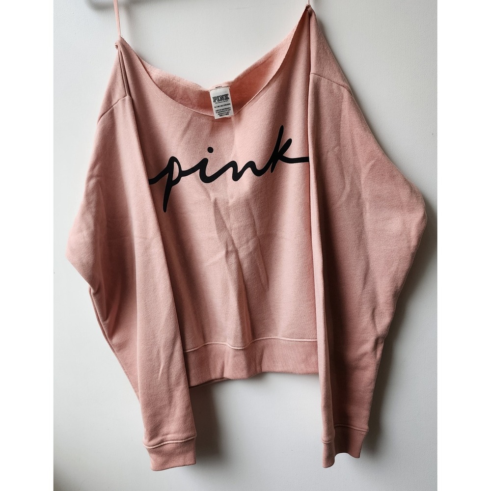 Pink Victoria's Secret Off The Shoulder Sweatshirt XL Rose Logo Pullover Fleece
